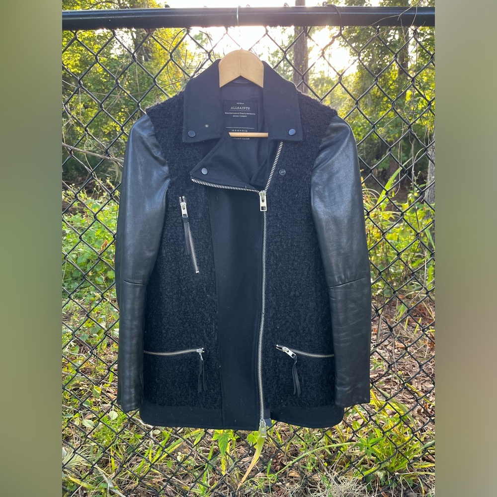 All Saints Black Wool and Leather Moto Jacket Size Small 4